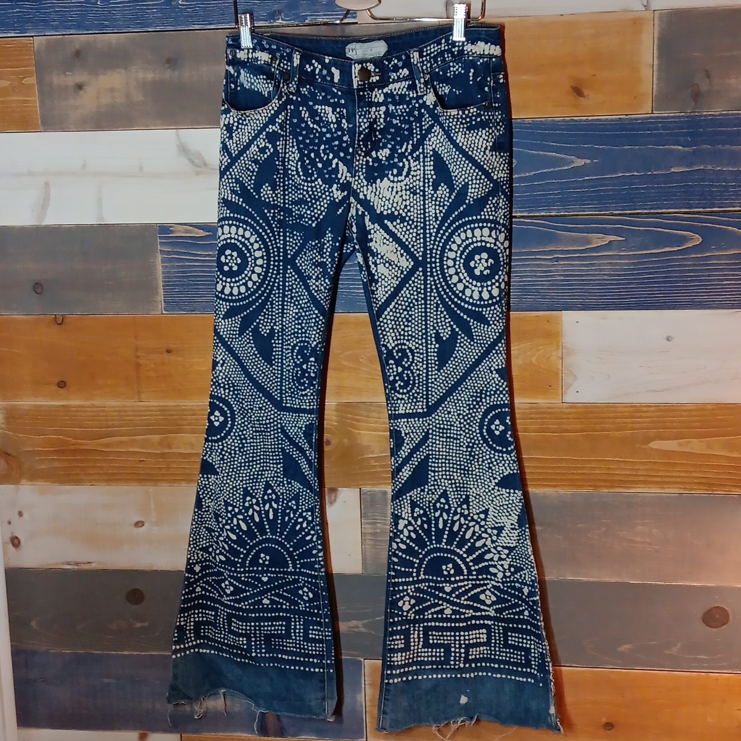Free People Bali Discharge Flare Bell Bottom Jeans High Denim Blue Boho 28